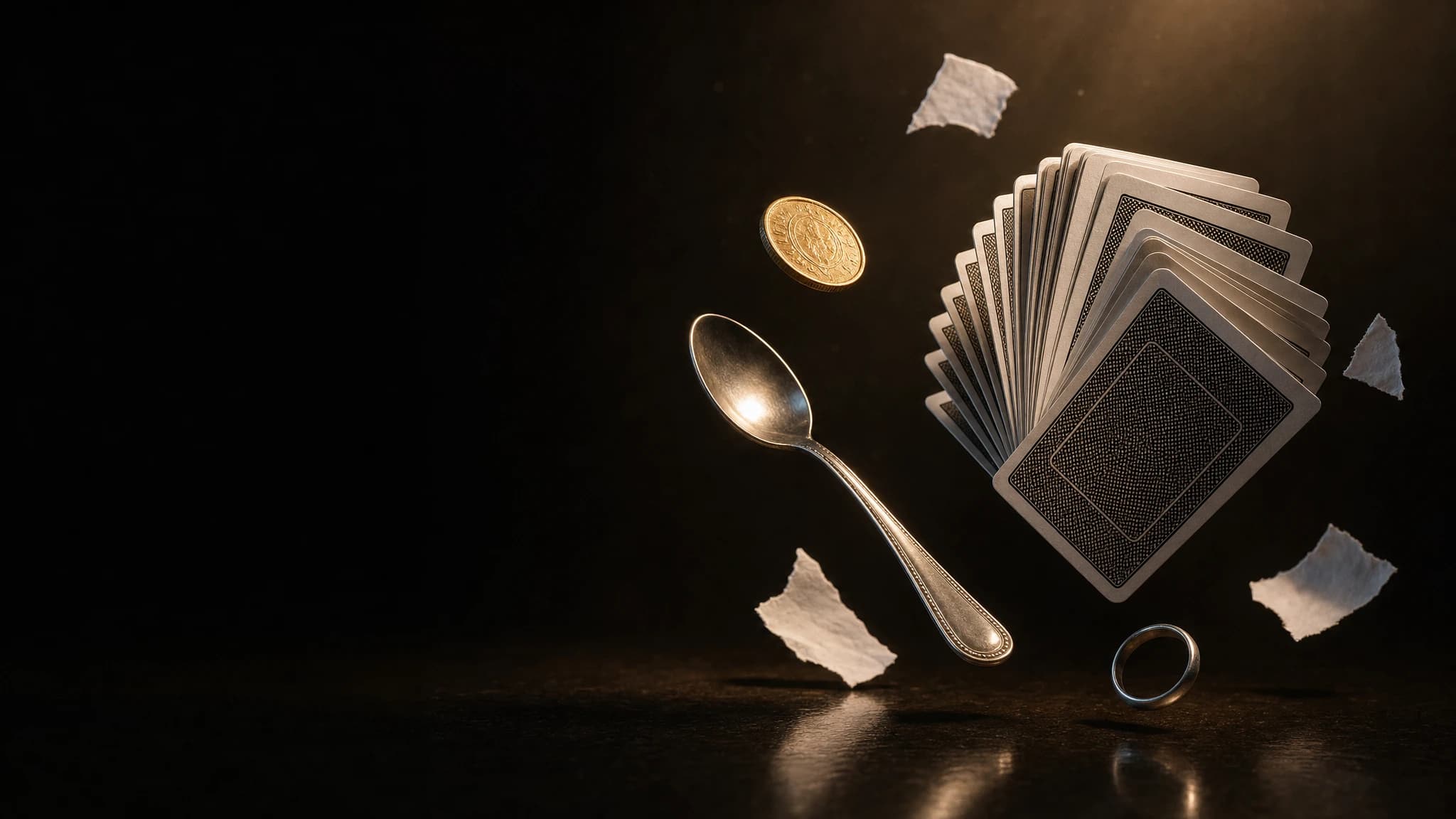Cartas, moeda, colher, anel e papel suspensos sob uma luz âmbar