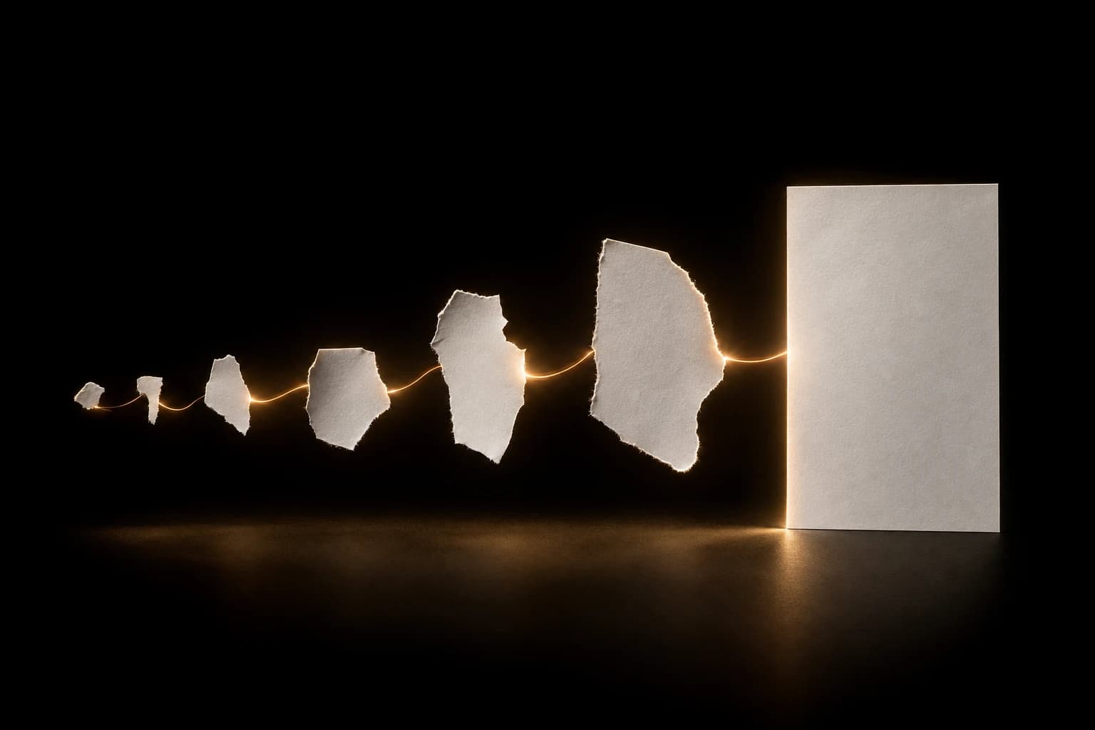 Fragmentos de papel seguindo um caminho de luz até formar uma folha completa
